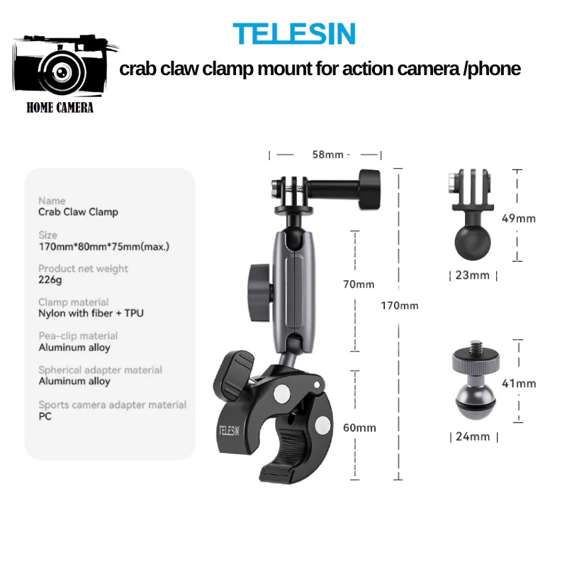 Telesin ตัวหนีบกล้อง ยึดติดมอเตอร์ไซต์หรือราวจับ for GOPRO,DJI Action 5Pro/4/3,Insta360