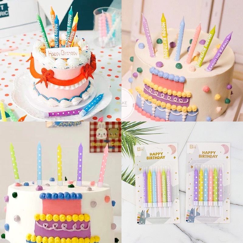 เทียนวันเกิด happy birthday ลายจุด ลายดาวสีพาสเทลน่ารักๆ 6แท่ง/แพค (พร้อมส่งจากไทย)