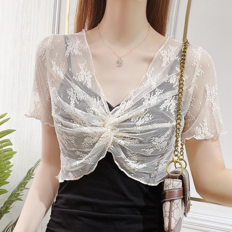 เสื้อคลุมไหล่ ผ้าตาข่าย กันแดด สีขาว เข้ากับทุกการแต่งกาย สไตล์เรโทร แฟชั่นฤดูร้อน สําหรับผู้หญิง - รูปที่ 6