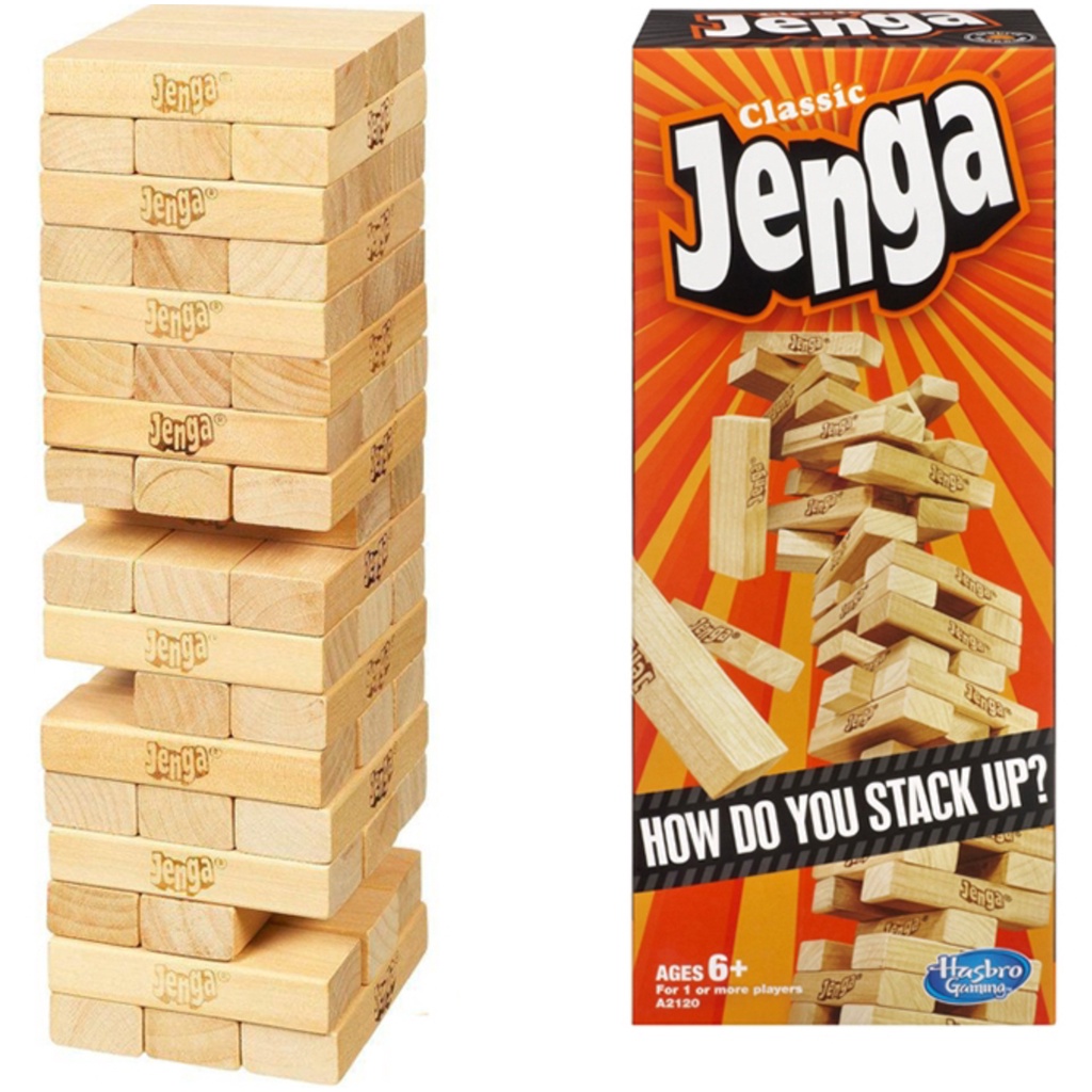Hasbro Jenga Classic Game พร้อมไม้เนื้อแข็งแท้บล็อก,เกมซ้อนทาวเวอร์สำหรับ1หรือมากกว่าผู้เล่น ของแท้ 