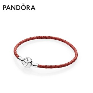 Pandora สร้อยข้อมือหนังวัวถัก ทรงกลม สีแดง เครื่องประดับแฟชั่น ของขวัญคริสต์มาส สําหรับเด็กผู้หญิง s928