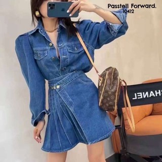 Korea denim 2pcs set Setยีนมาใหม่ค้า กับเสื้อยีน แขนจับจีบ มาพร้อมกระโปรงทรงป้าย