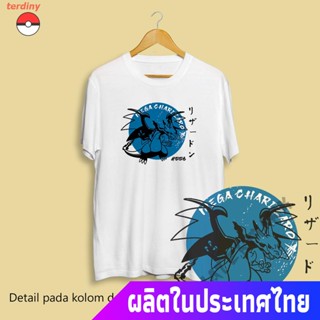 เสื้อยืดคอกลมterdiny โปเกมอนเสื้อยืดผู้ชาย เสื้อยืดพิมพ์ลาย Mega Charizard X Pokemon สําหรับผู้ชายสีดําสีขาว Pokemon Sho