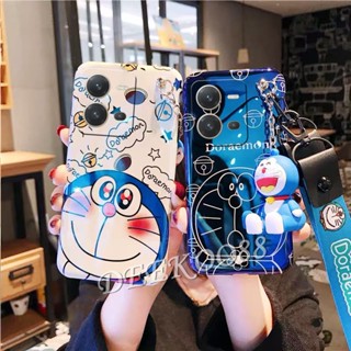 เคส VIVO Y35 Y16 Y22 Y22S Y02S V25 Pro 5G V25e 4G 2022 New Smartphone Casing with Hand Strap + Neck Rope Cute Doraemon Stand Holder Cartoon Back Cover เคสโทรศัพท์ วีโว่Y35 วีโว่Y22 Case