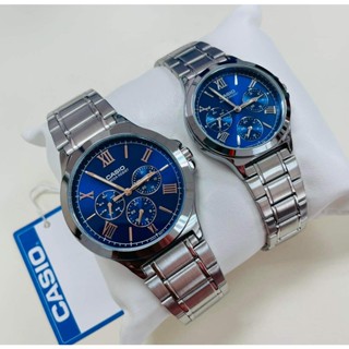 นาฬิกาคู่รัก Casio รุ่น MTP-V300D-2A และ LTP-V300D-2A2 นาฬิกาสายแสตนเลสสีเงิน หน้าปัดน้ำเงิน -ของแท้ 100% รับประกัน1ปี