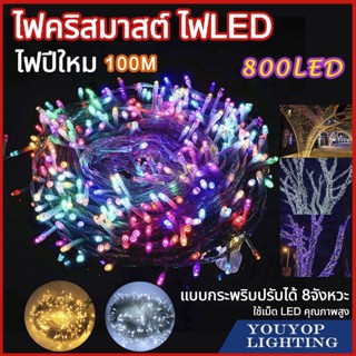 ไฟแต่งสวน ไฟหิ่งห้อย ไฟนางฟ้า ไฟหยดน้ำ ไฟปีใหม่ ไฟคริสมาส ไฟกระพริบ100ดวง 220V  สายยาว100เมตร 800LED พร้อมปลั๊กเสียบไฟบ