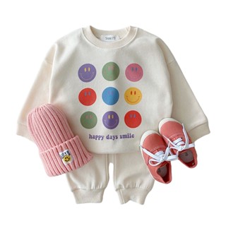 Korea Kids Clothing Set Baby Girls Cartoon Smile Face Sweatshirt Tops+Jogger Pants Set