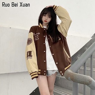 RUO BEI XUAN แจ็คเก็ตสตรีใหม่คอวีจดหมายขี้เกียจพิมพ์แจ็คเก็ตเบสบอลแขนยาว
