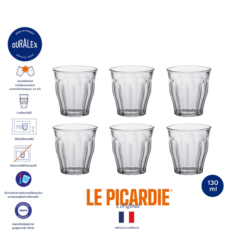 Duralex Picardie 130 ml (กล่อง 6 ใบ) แก้วน้ำ แก้วกาแฟชา  เรียงซ้อนกันได้ ทนความร้อน