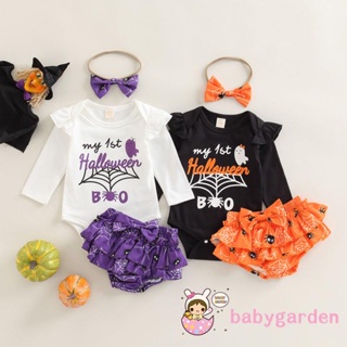 Babygarden-0-18months ชุดรอมเปอร์ แขนยาว พิมพ์ลายตัวอักษร แมงมุม กางเกงขาสั้น ที่คาดผม สําหรับเด็กผู้หญิง 3 ชิ้น