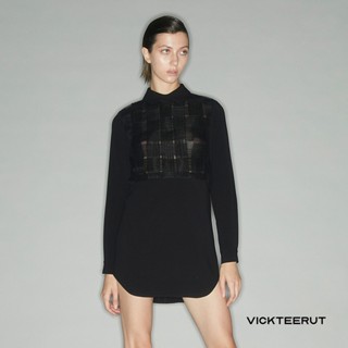 VICKTEERUT Long Sleeve Shift Dress with Weaving Detail เดรสแขนยาว ทรงตรง ตกแต่งดีเทลสาน