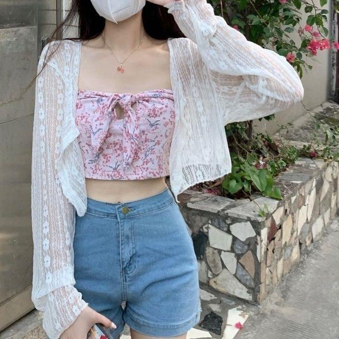 (พร้อมส่ง/ใหม่)❤️พร้อมส่ง❤️ （จัดส่งตลอด 24 ชั่วโมง）เสื้อแจ็กเก็ตแขนยาว ผ้าคลุมไหล่ กันแดด แต่งลูกไม้ แบบบาง ขนาดเล็ก สไตล์เกาหลี แฟชั่นฤดูร้อน สําหรับผู้หญิง 2023 K5A8
