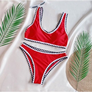 bikini size M สีแดงขอบขาวดำพร้อมส่ง💯