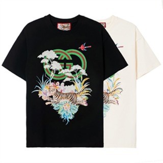 เสื้อยืดแขนสั้นลําลอง ผ้าฝ้าย พิมพ์ลายตัวอักษร G Flower Bush Tiger สไตล์สตรีท แฟชั่นสําหรับผู้ชาย และผู้หญิง