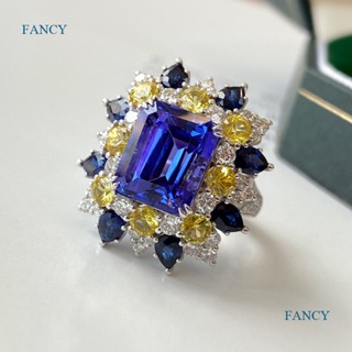 Fancyqube แหวน ฝังเพทาย ทรงสี่เหลี่ยม สีฟ้า หรูหรา สไตล์ยุโรป อเมริกา เครื่องประดับ สําหรับผู้หญิง