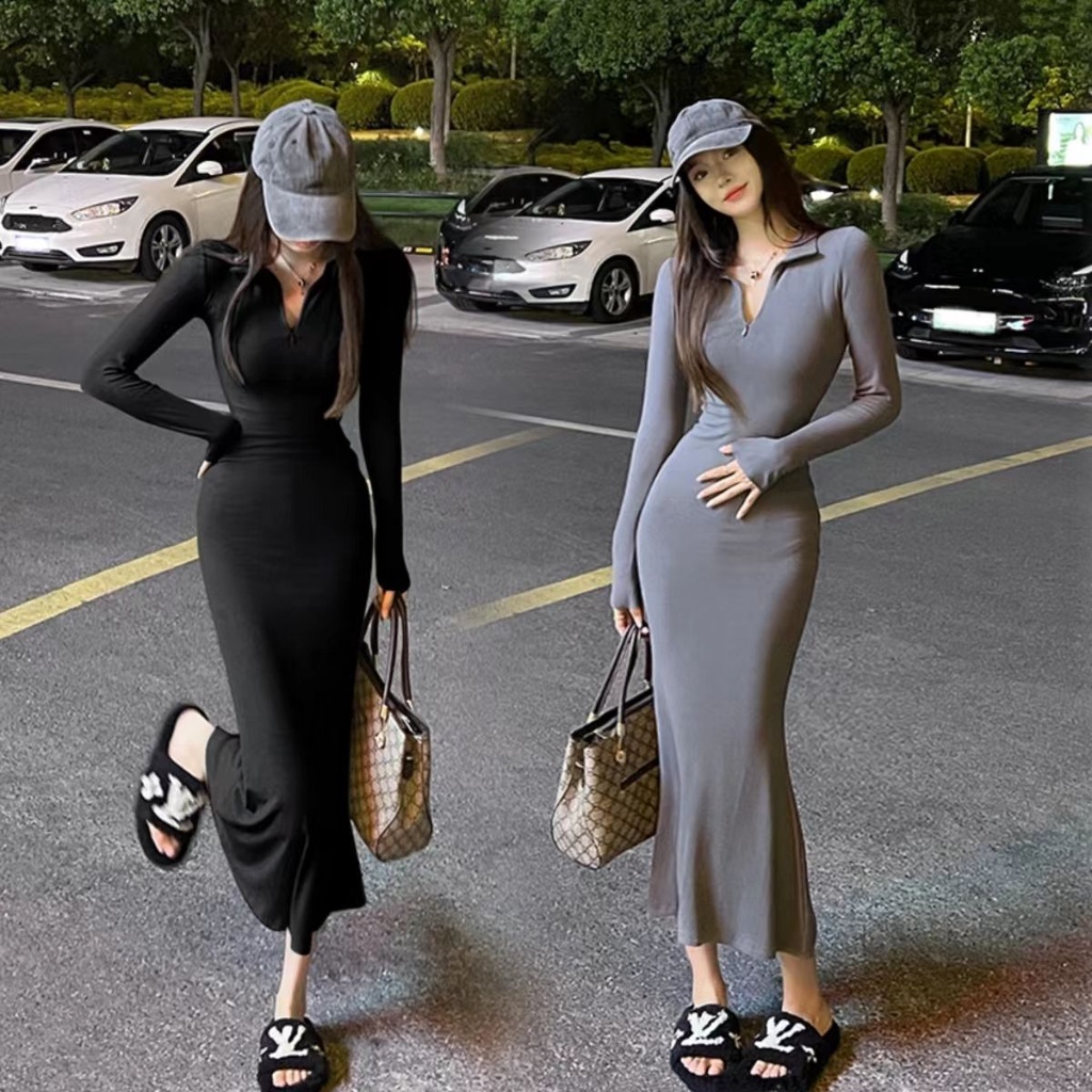 พร้อมส่ง เดรสแฟชั่นเกาหลี เดรสสีเทา รัดรูป แขนยาว เซ็กซี่ ทรงสลิม โปโลคอปก กระโปรงยาว เอว 2 สีชุดเดรสสไตล์วินเทจ