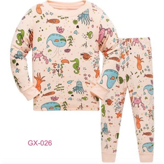 L-HUGX-026 ชุดนอนเด็กหญิง แนวเข้ารูป Slim Fit ผ้า Cotton 100% เนื้อบาง สีส้มอ่อน ลายปลา