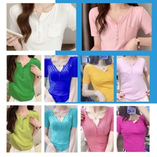 KD โกดังไทย เสื้อยืดผ้านิ่ม สีพื้น 12 สี ฟรีไซส์ คอกลมมีกระเป๋าที่อก แต่งกระดุมหน้า แขนสั้น