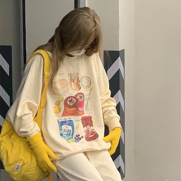 เสื้อกันหนาวแขนยาว คอกลม แบบนิ่ม ทรงหลวม ลายเค้กครีมน่ารัก พลัสไซซ์ สไตล์เกาหลี สําหรับผู้หญิง และนักเรียน
