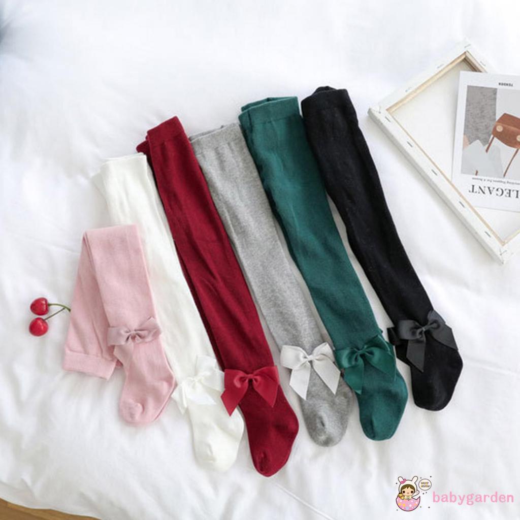 Babygarden- ถุงน่องเลกกิ้ง เอวกลาง ยืดหยุ่น ประดับโบว์ สีพื้น แฟชั่นฤดูใบไม้ร่วง สําหรับเด็กวัยหัดเดิน 0-2 ปี 6 สี
