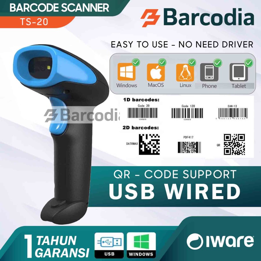 BARCODIA Scanner Barcode IWARE TS-20 USB Wired Barcode 2D QRcode X82D X201