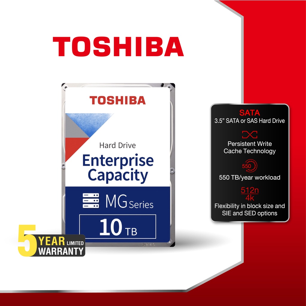 Toshiba INT HDD (10TB) Enterprise Capacity Hard Drive – MG Series 3.5" MG 7200rpm 256MB SATA