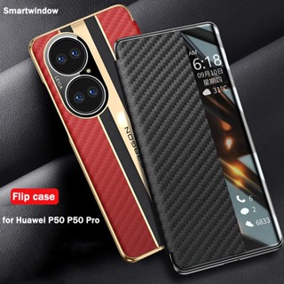 for Huawei P50 Pro Phone Case Mate 30 40 Pro RS E Gunine Leather Carbon Fiber Luxury Lens Protaction Smart View Flip Cov