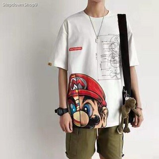 ฤดูร้อนแขนสั้นเสื้อยืดผู้ชายแฟชั่นแบรนด์ Mario Super การ์ตูนอะนิเมะรอบคอค