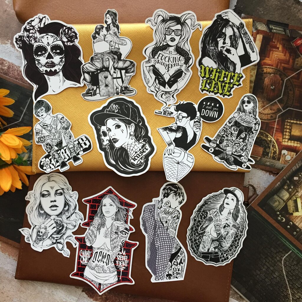 ลายสัก Tattoo Street Girl สติกเกอร์ เคลือบกันน้ำ ติดกระเป๋าเดินทาง มอเตอร์ไซด์ Laptop เคสโทรศัพท์ กระบอกน้ำ Waterproo...
