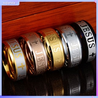 &lt;Sale&gt; เครื่องประดับแหวนสแตนเลสลายตัวอักษร Jesus Cross สําหรับผู้ชายและผู้หญิง