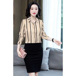 พร้อมส่ง  เสื้อเชิ้ตแขนยาว ลายทางครีมตัดดำ