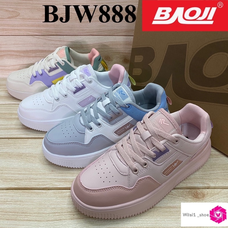 Baoji BJW 888 รองเท้าผ้าใบ แบบหนัง (37-41) สีขาว/ครีม/ฟ้า/ชมพู สศ