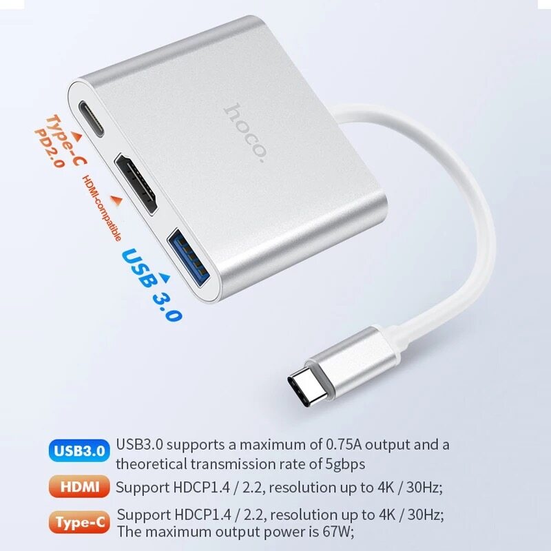 Hoco รุ่นHB14 Easy use Type-C adapter Type-C to USB3.0+HDMI+PD FATB