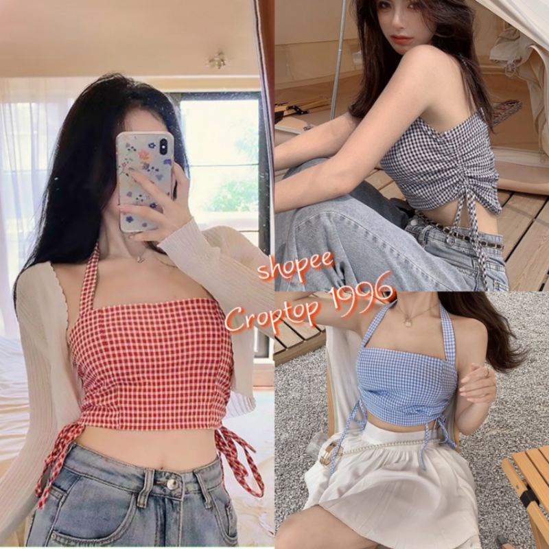 เสื้อครอปผ้าลายตาราง-มีแผ่นซับน้ํานม รหัสก31