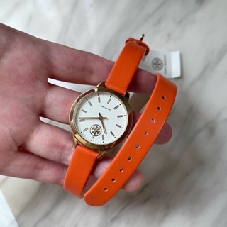 (ผ่อน0%) นาฬิกา Tory burch collins watch TBW1402 หน้าปัดกลม 32 mm สายหนังแท้สีส้ม พัน 2 ทบ