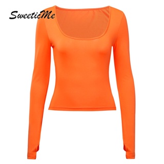 Sweeticme ใหม่ เสื้อยืดลําลอง แขนยาว คอกลม เข้ารูป เซ็กซี่ สีพื้น แฟชั่นสําหรับสตรี 2022