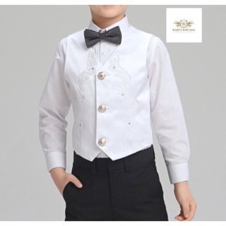 White Boy Vest เสื้อกั๊กเด็ก สีขาว ปักลาย ขนาด 100, 110, 120, 130, 140, 150, 160 (2-12 ปี)