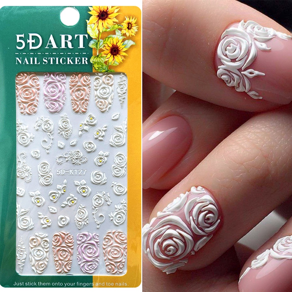 สติกเกอร์ ลายดอกกุหลาบ 5D มีกาวในตัว สีขาว สําหรับตกแต่งเล็บ SA5D-K128