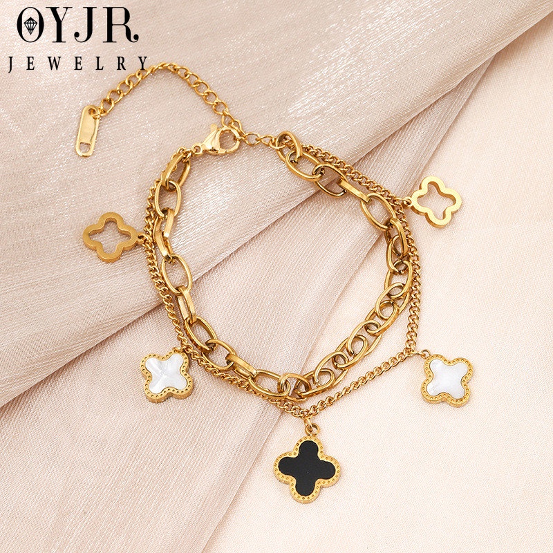 OYJR สร้อยข้อมือไม่ลอกไม่ดำ  สร้อยข้อมือสแตนเลสแท้ ข้อมือเก๋ๆแบบสองชั้นสำหรับผู้หญิง - รูปที่ 5