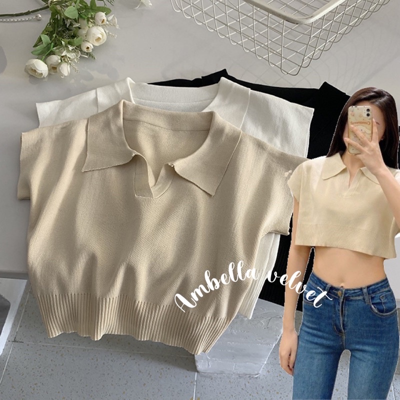 Ambella เสื้อครอปเอวลอย ดีเทลคอปก เอวใส่ยางรัด ทรงสวยดูดี ส่งด่วนจากไทย ครอปคอปก ครอปคอโปโล