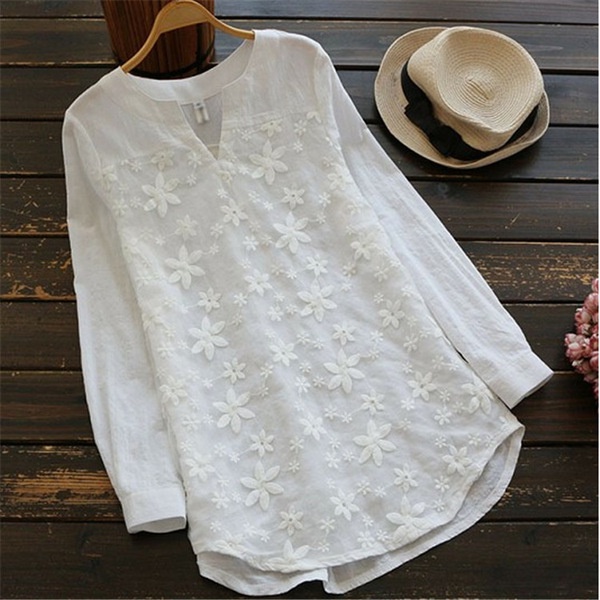 เสื้อเชิ้ตแขนยาว ปักลายลูกไม้ ทรงหลวม สําหรับผู้หญิง