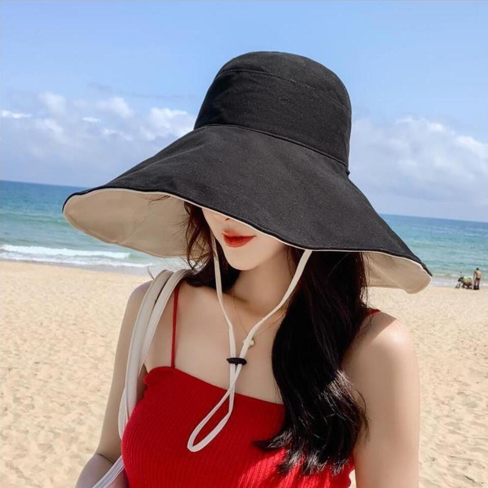 หมวกบักเก็ต bucket hat 2 ข้าง มีเชือกบังแดดใต้คาง ทรงสวย ผ้าหนา ม่านบังแดด ระบายอากาศ เวอร์ชั่นเกาหลี พับได้