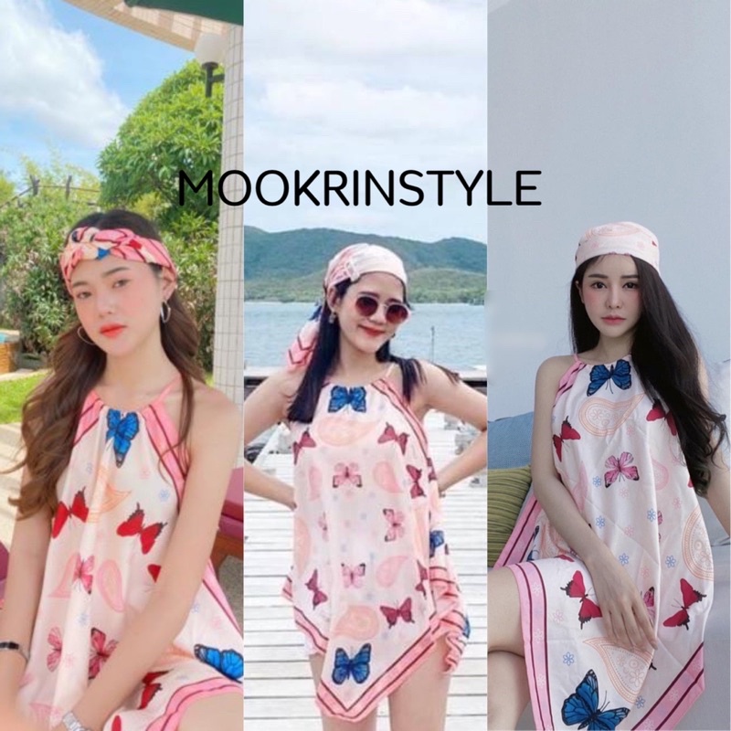 BUTTERFLY SET พร้อมส่ง เสื้อเดี่ยวปลายสามเหลี่ยม รูปผีเสื้อ พร้อมผ้าโพกหัว เข้าเซท เสื้อไปทะเล ชุดไปทะเล Mookrinstyle