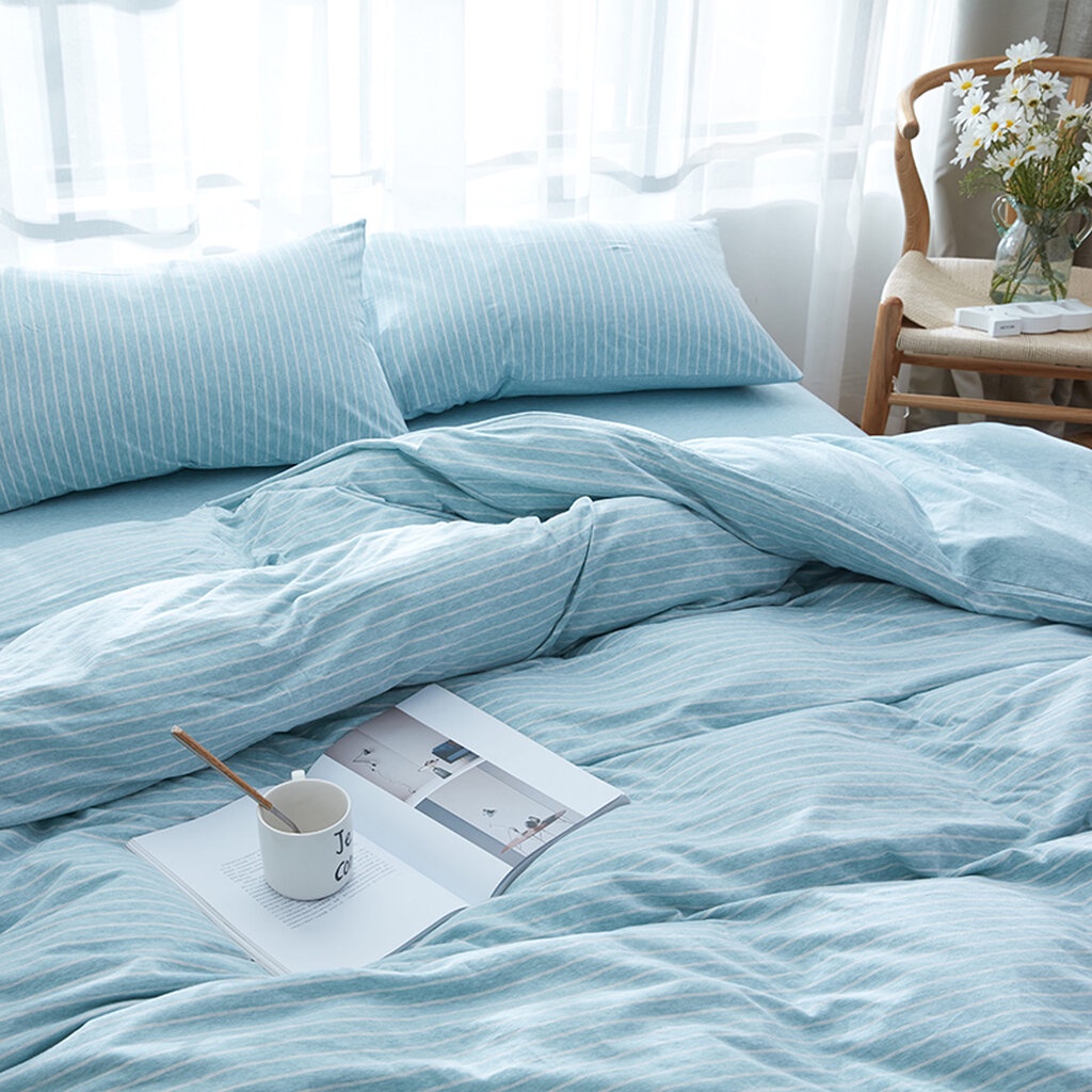 Omocha | เซทผ้าปูที่นอน Small strip aqua blue