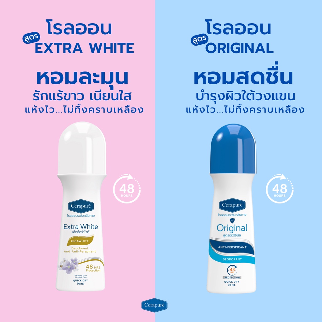Cerapure (เซราพิวเร่) โรลออน ระงับกลิ่นกาย ลดเหงื่อ สูตรออริจินอล 70 ml ของแท้