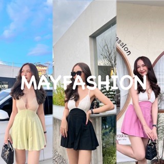 MAYFASHION จั้มสูทขาสั้นเว้าช่วงอก สมอคด้านหลัง โทนสีทูโทน กางเกงจับจีบเอวs มีซับในกางเกง