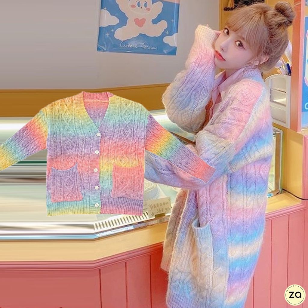 HOT SALE เสื้อไหมพรมแขนยาวคอวีกระดุมหน้า สีเรนโบว์
