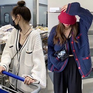 ✅ส่งไว✅สต็อกไทย เสื้อคลุมกันหนาว ไหมพรมถักลอนคลื่นแต่งขอบ 3 สี