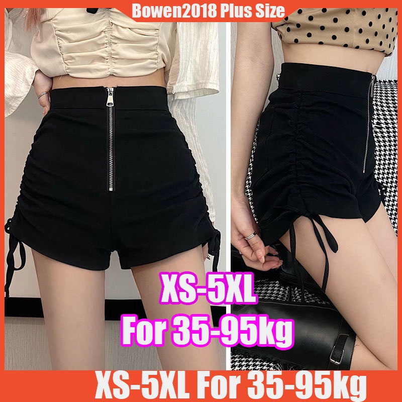 XS-5XL สําหรับ 35-95 กก.ผู้หญิงเอวสูง Lace Up Slimming ซิป A-line กางเกงขาสั้นสีดํา Casual Hot กางเก