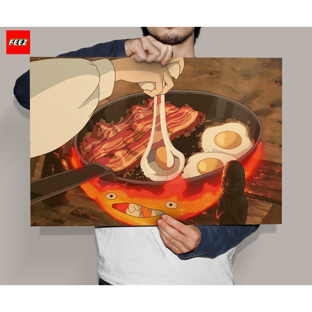 อาหารเช้า la Calcifer ใน Howls Moving Castle Retro Vintage โปสเตอร์ภาพวาด Wall Art สําหรับบ้านบาร์ห้